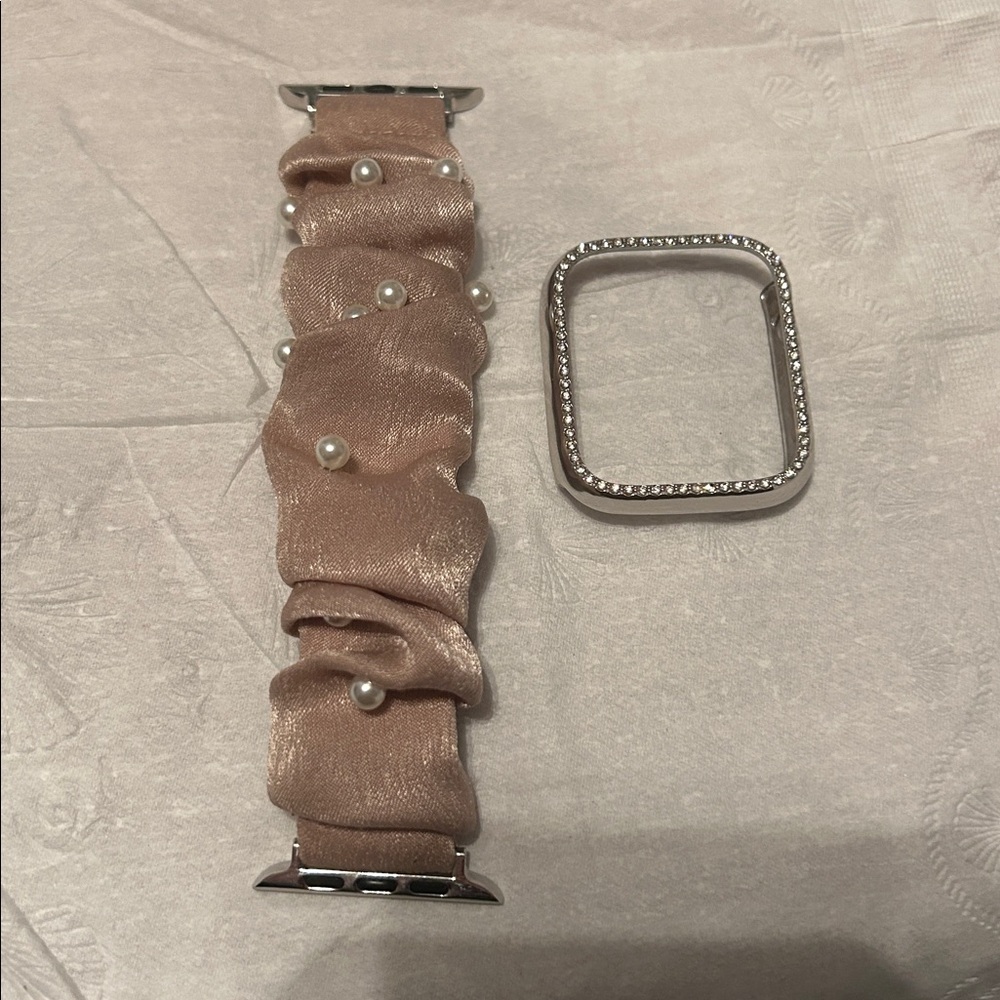 44mm Elegant Pearl-Embellished Watch Band w Rhinestone Bumper